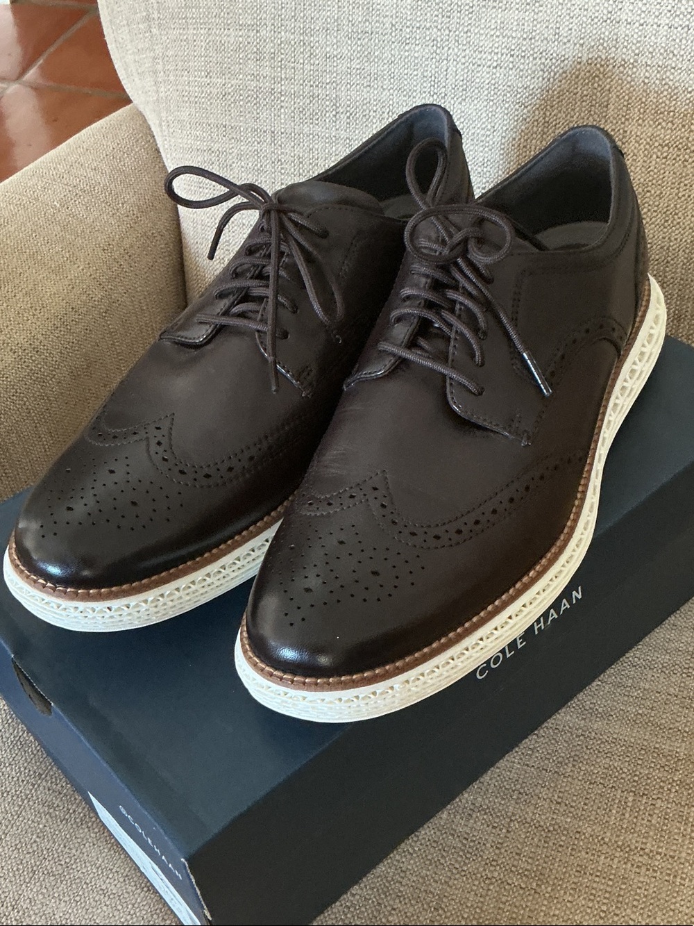 Cole Haan Dark Brown Leather Wingtip Oxfords with White Contrast Sole 10.5